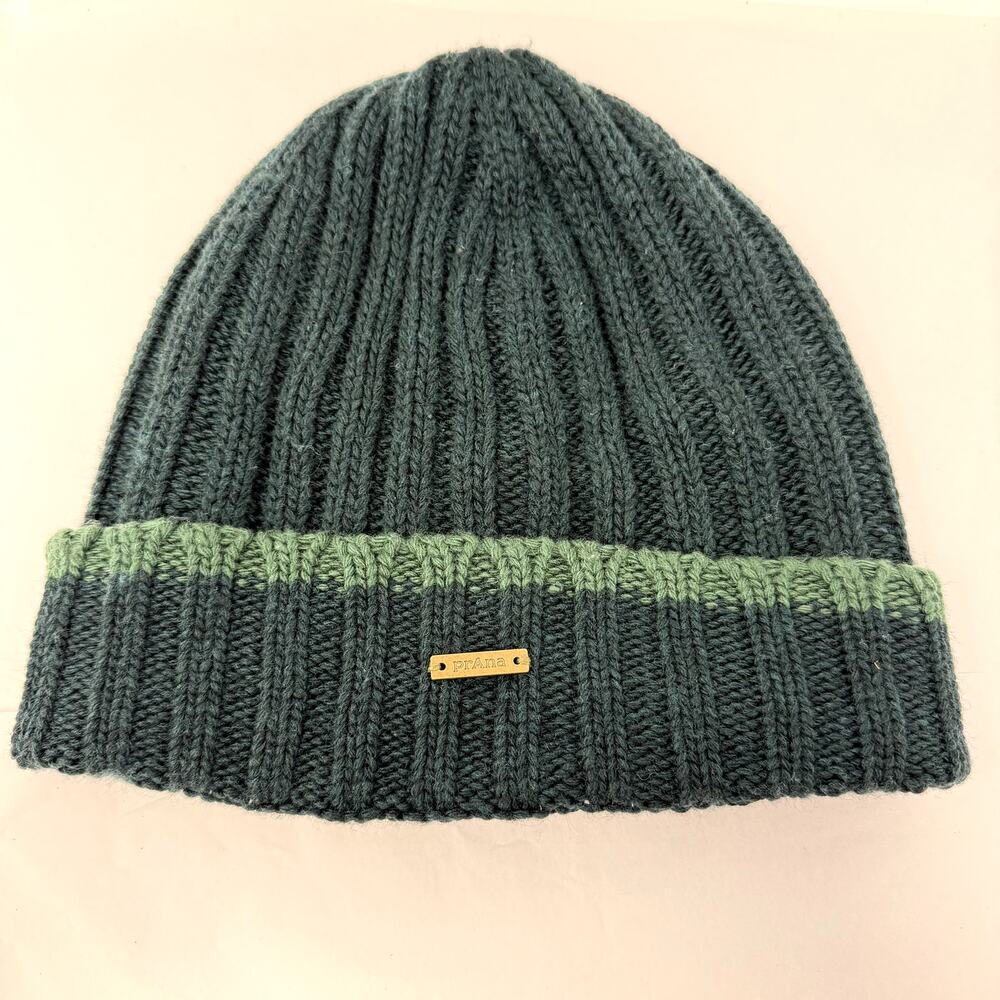 prAna Fleece Lined Knit Beanie Hat Green Wool Blend Winter Cold Weather